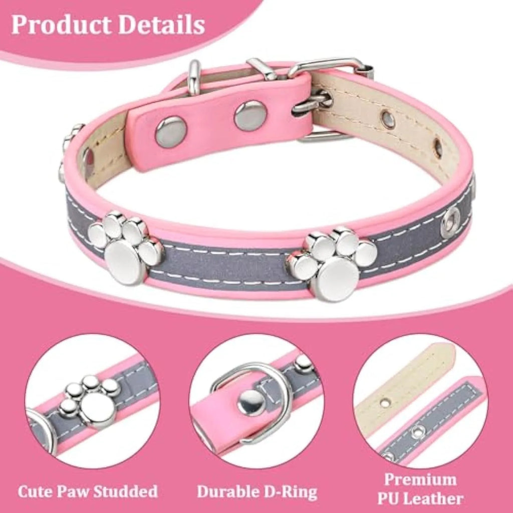 Reflective dog collar with adjustable PU leather strap and decorative paw print metal rivets
