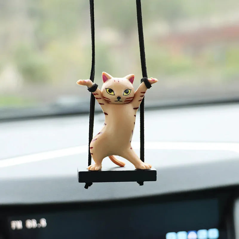 Cartoon-style resin cat pendant on adjustable rope for car interior decoration