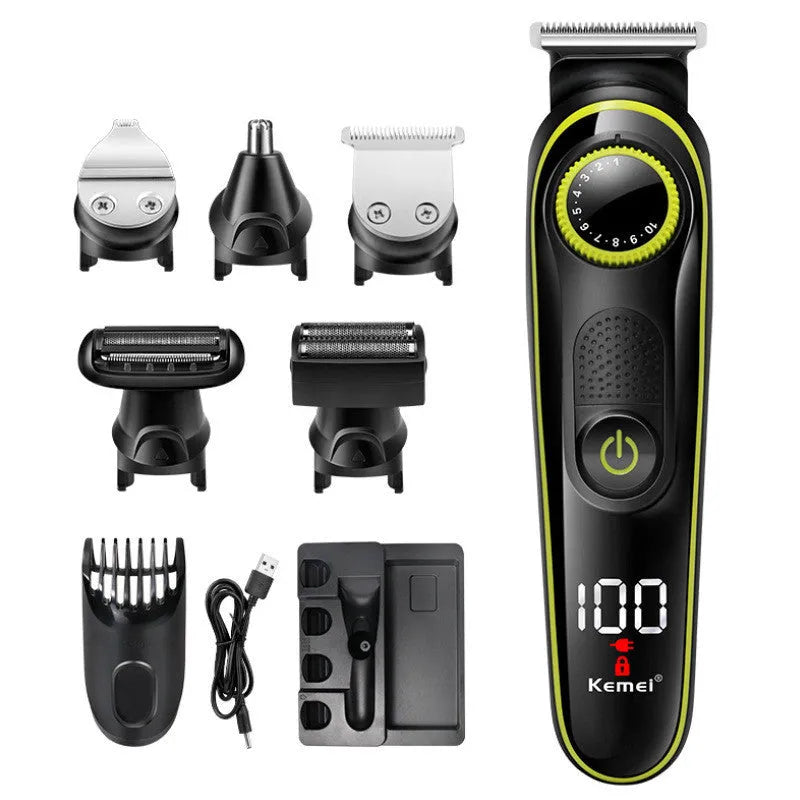 Black household electric hair clipper with USB charging cable and cleaning brush on a white background.