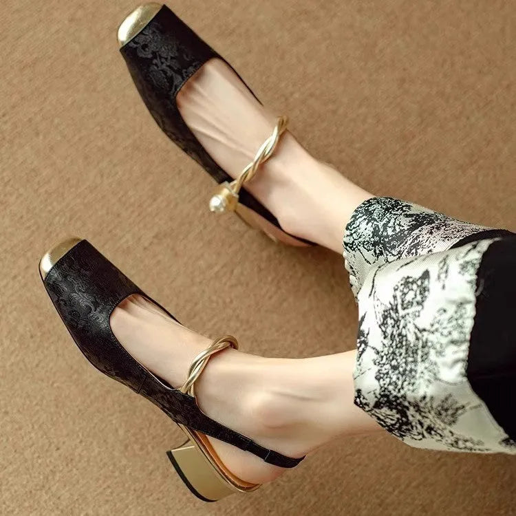 New Chinese style satin closed toe backless mid heel sandals for women in beige white
