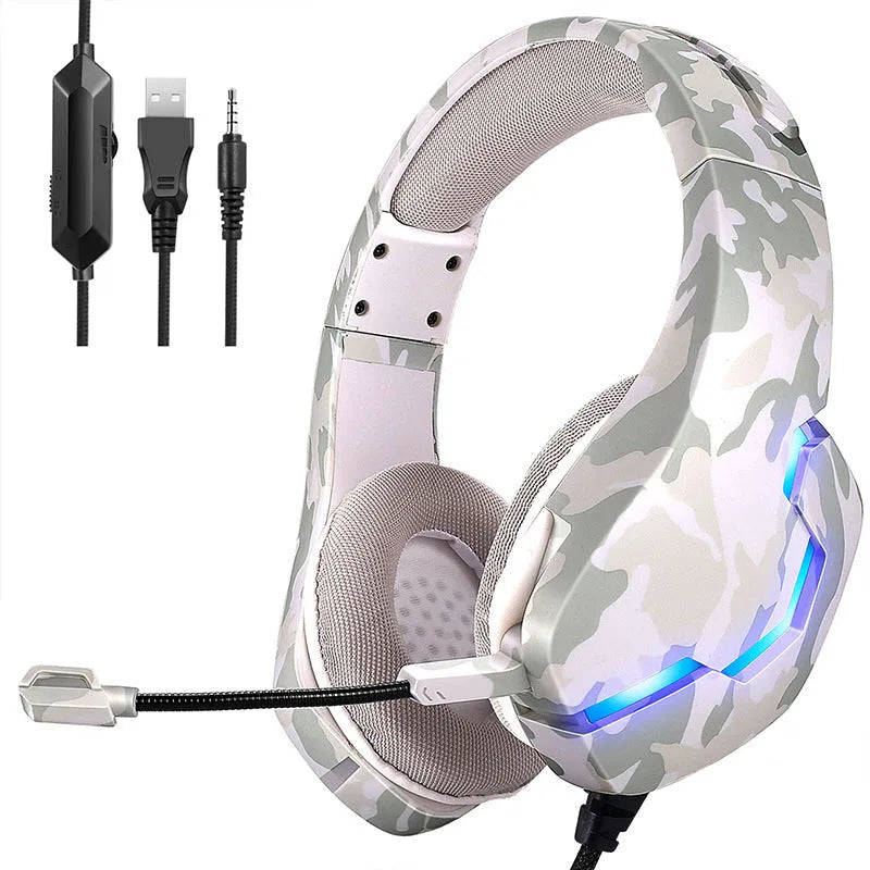 Wired gaming headset with camouflage design cloth earmuffs and braided cable