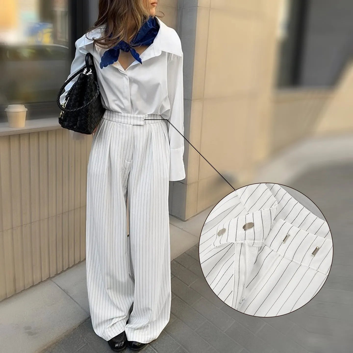 White striped wide-leg commuting pants with loose casual fit and zipper closure