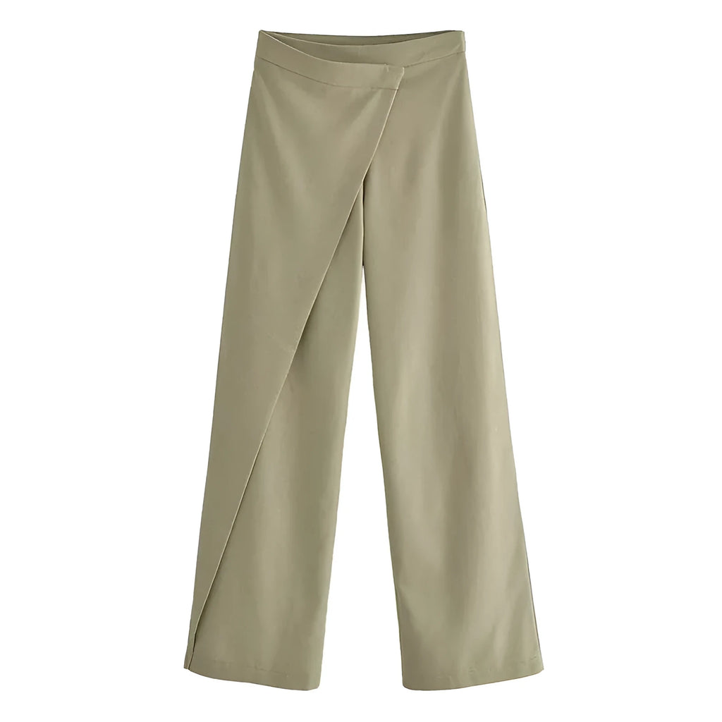 Women's casual linen blend trousers in khaki, straight leg with mid rise waist, laid flat on neutral background