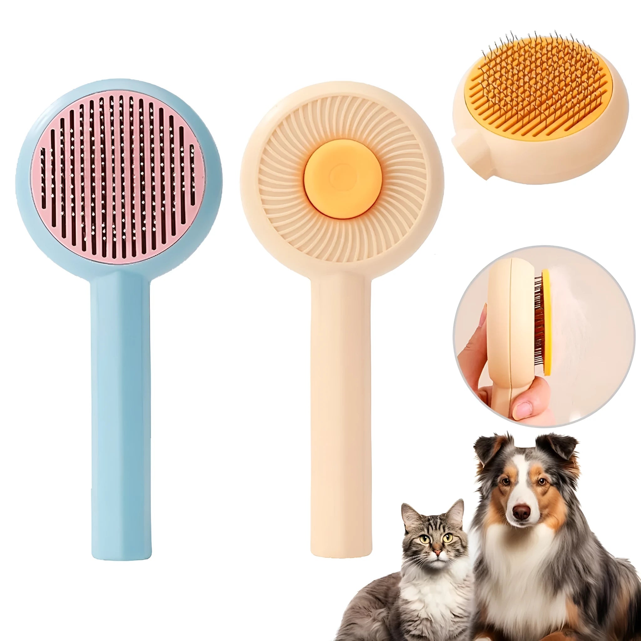 Blue and yellow pet grooming brush with self-cleaning button and angled wire needles
