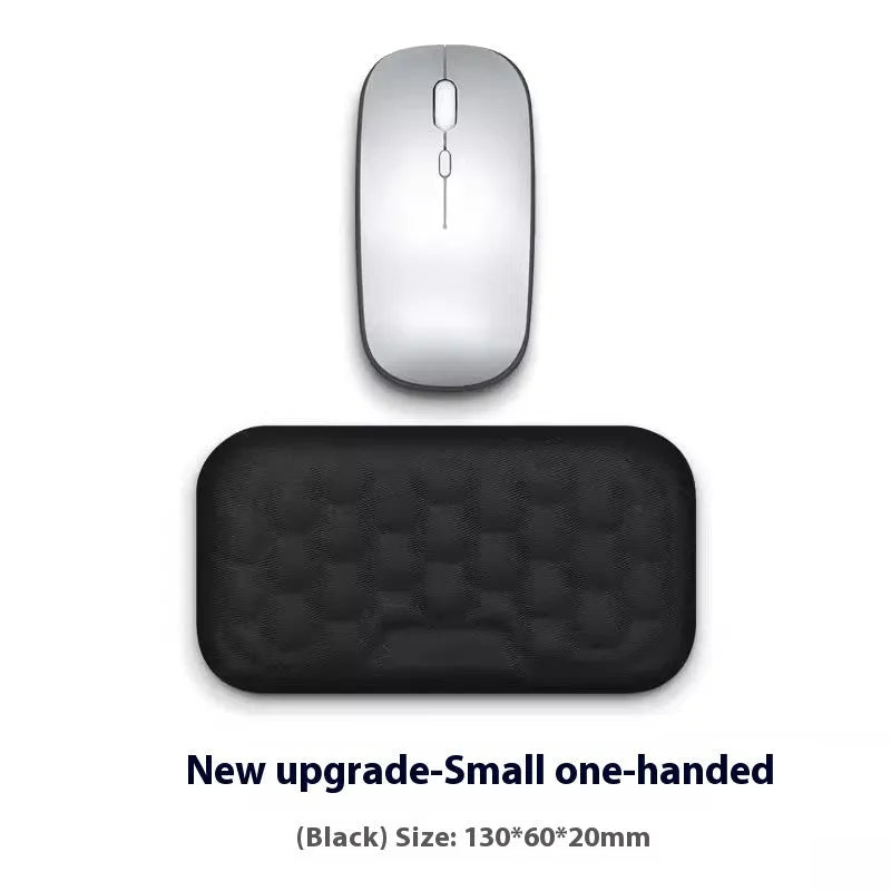 Memory foam mouse wrist rest with silicone base in black cloth and grey leather style options.