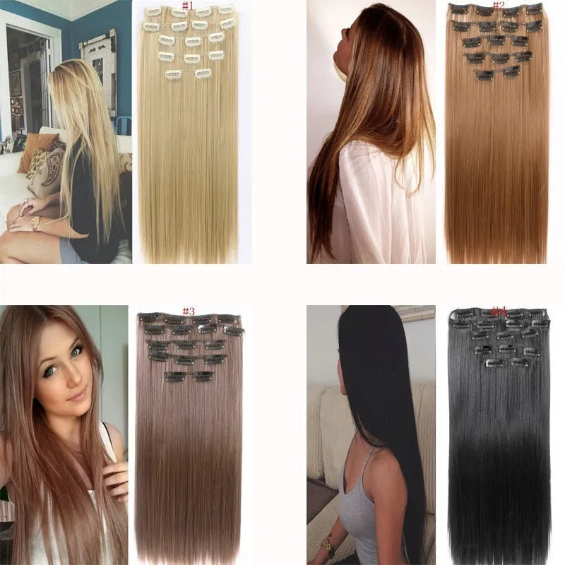 Synthetic clip-in straight hair extension set 55-60cm with metal clips and silicone backing in multiple colour options