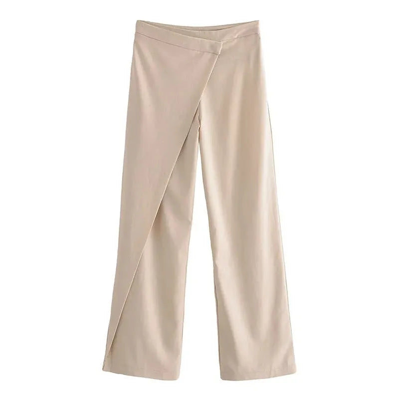 Women's casual linen blend trousers in khaki, straight leg with mid rise waist, laid flat on neutral background