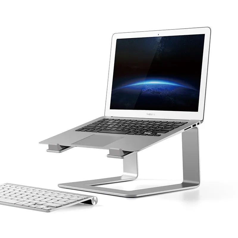 Black aluminium alloy laptop stand measuring 29.9 x 25.8 x 18.5 cm for 13-17 inch notebooks