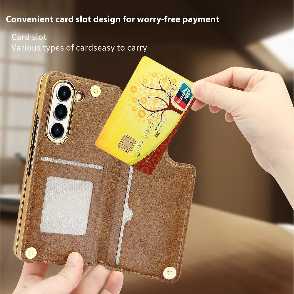 Samsung Z Fold 5 phone case with bracket pen slot card slots black PU electroplated finish