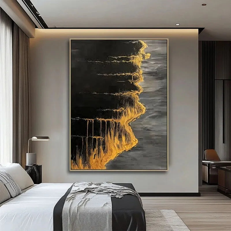 Handmade abstract golden beach and waves oil painting on canvas for living room decor