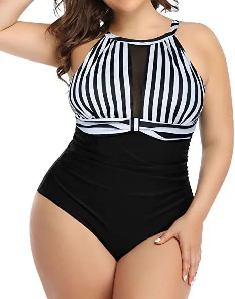 Women's black lace-trimmed one-piece swimsuit on a mannequin, showing front and back views.