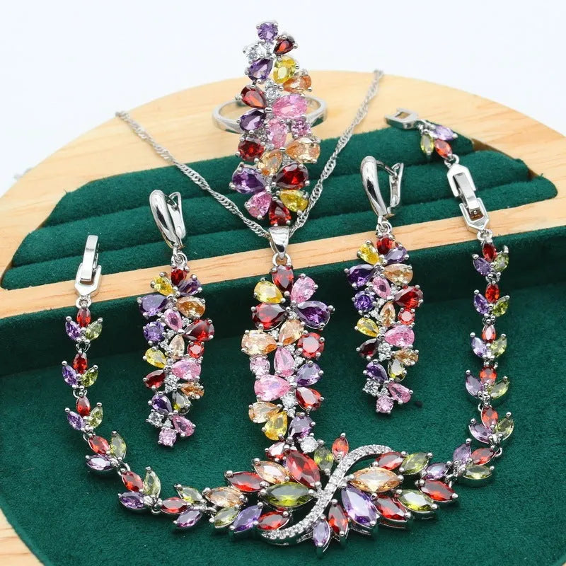 Complete retro floral jewellery set with copper zircon necklace, bracelet, earrings and ring in olive, purple or colourful finish