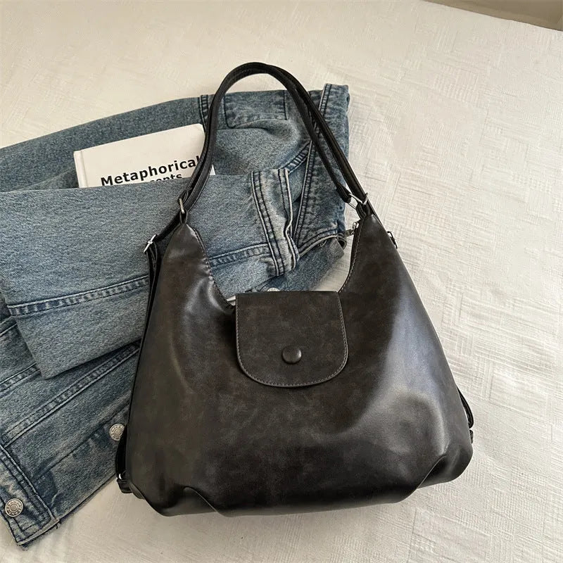 Women's black PU leather single shoulder bag with horizontal square design and large capacity