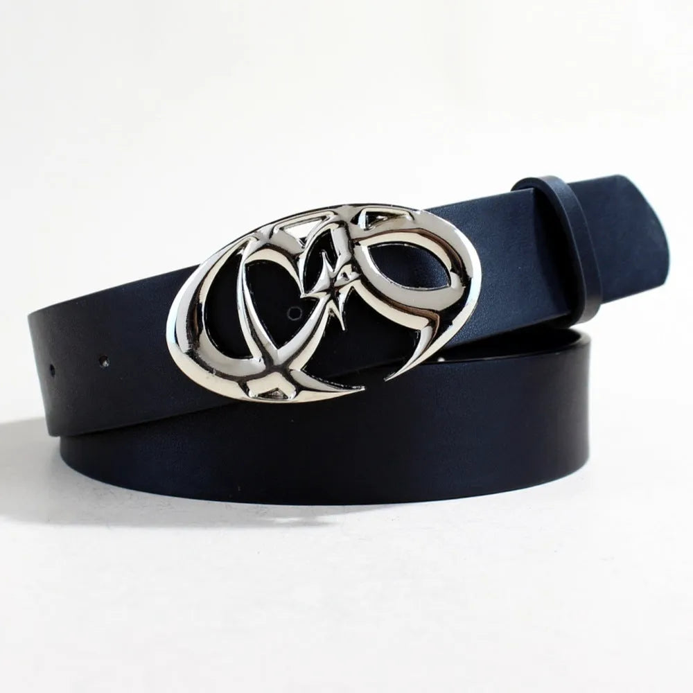 Men's silver buckle snap button belt made from black PU leather.