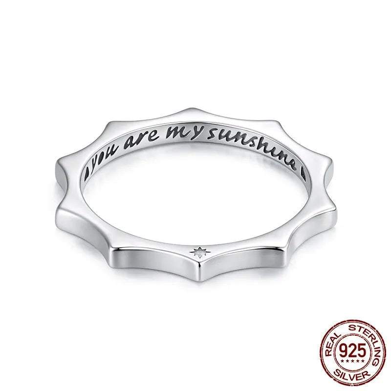 S925 sterling silver sun ring with original English lettering on white background