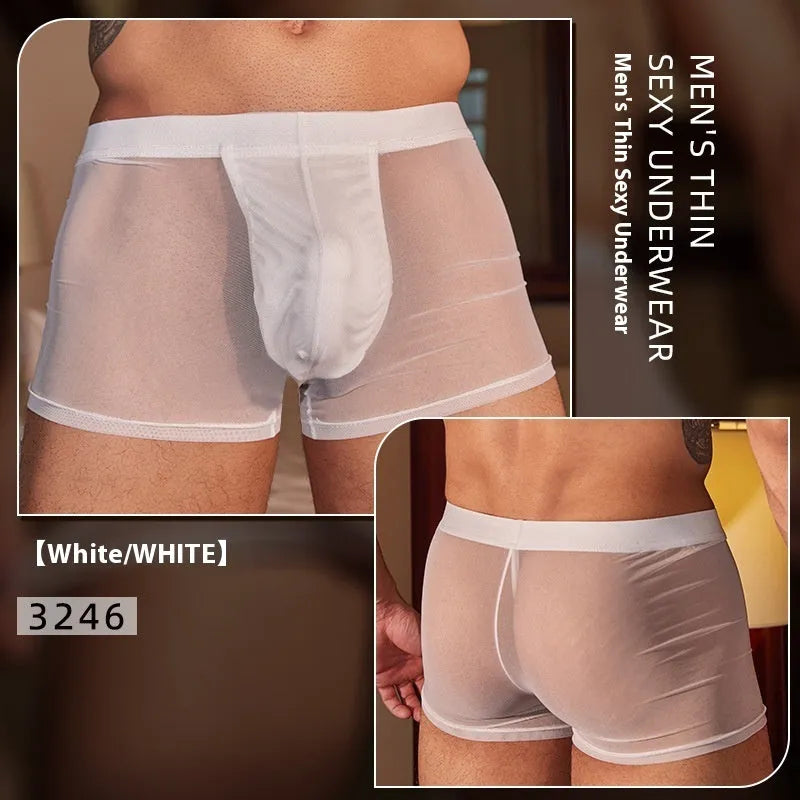 Men's black and white breathable nylon boxer briefs laid flat showing ultra-thin fabric.
