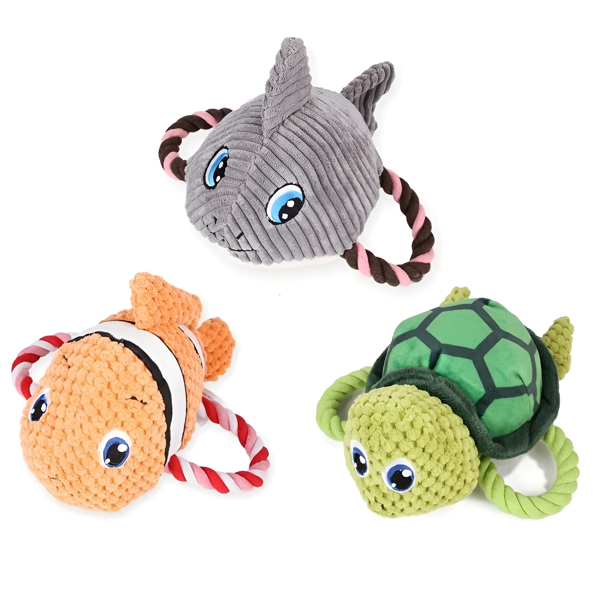 Turtle-shaped dog toy with knotted rope construction and plush stuffing for interactive chewing games