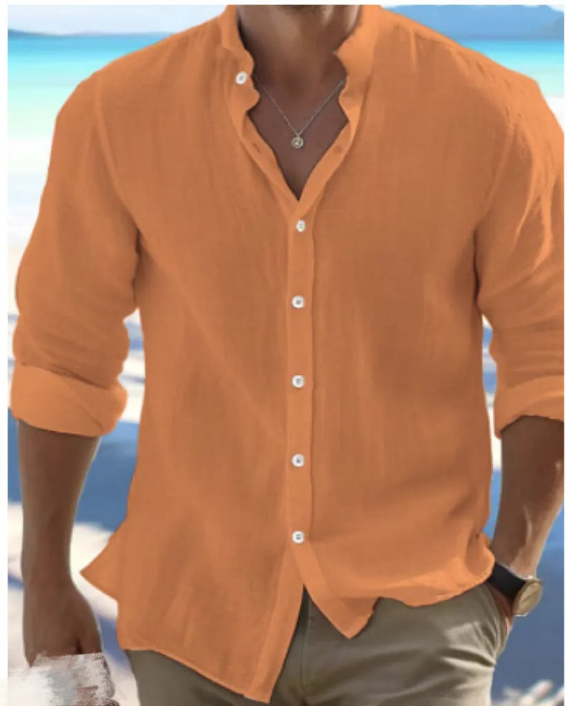 Men's long-staple cotton summer beach shirt in light grey with button front and casual pullover style