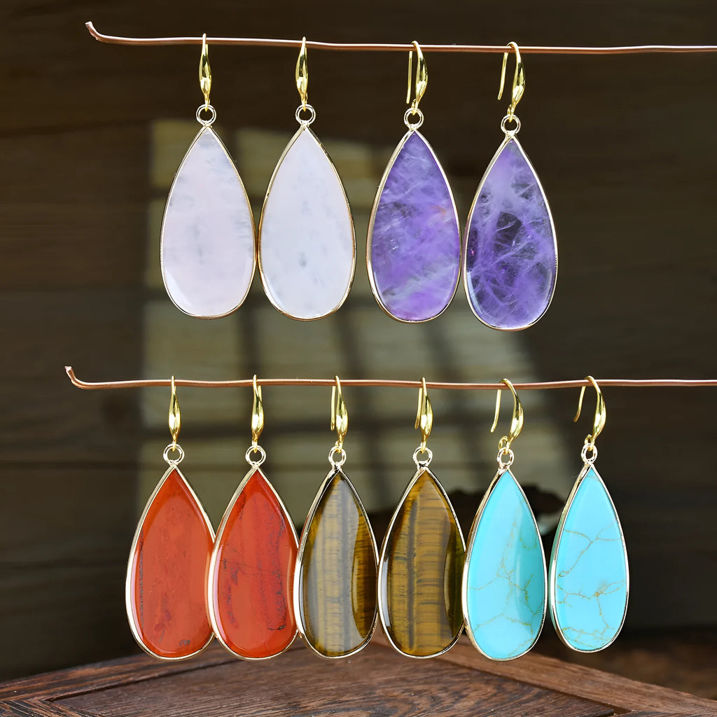 Vintage Tigereye stone drop earrings with handcrafted texture details and water drop pendant shape