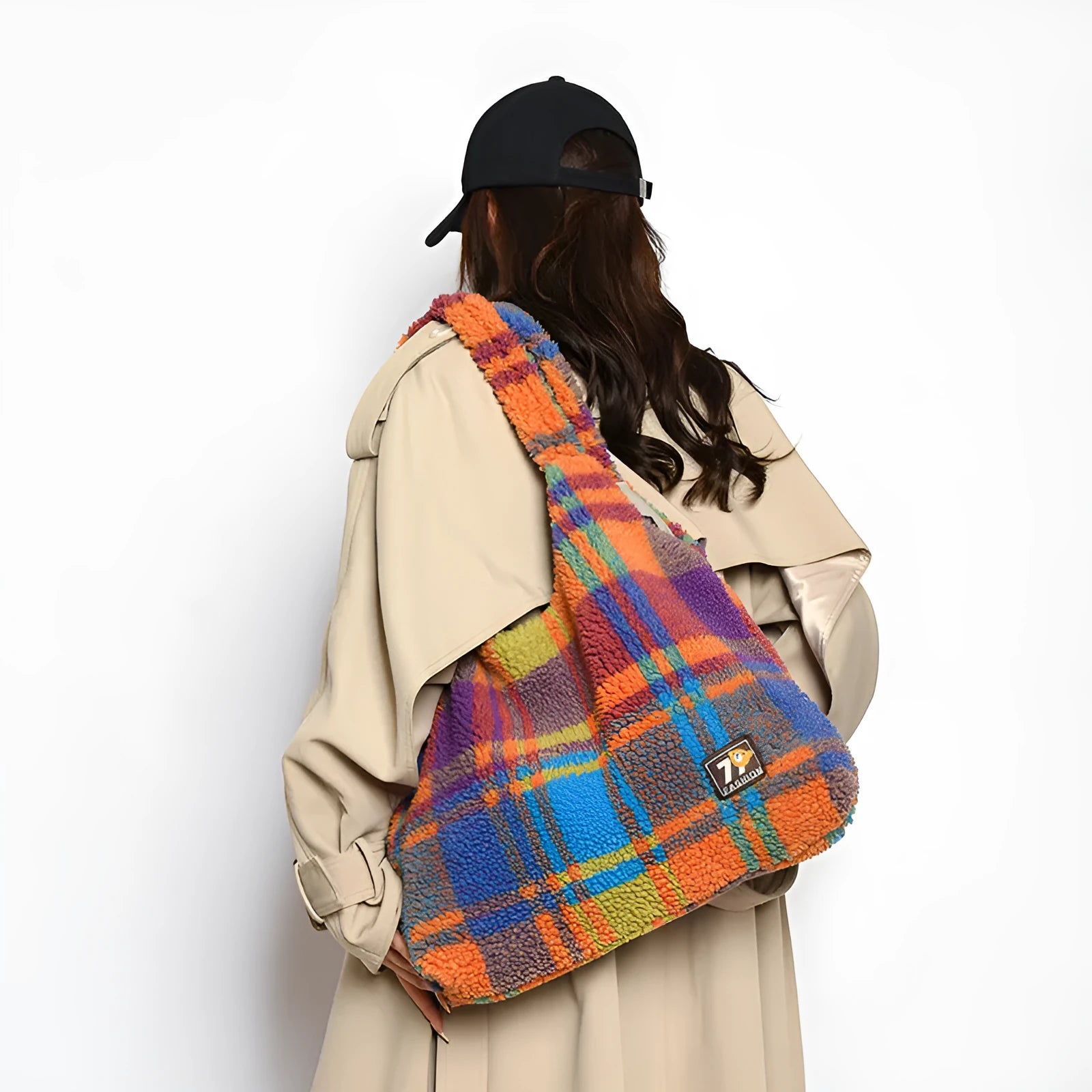 Women's plush plaid crossbody tote bag in Army Green colour showing large capacity and zippered compartment