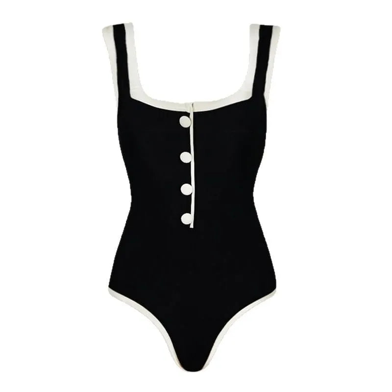 Black and white colour matching one-piece swimsuit with classic style belly coverage, backless design