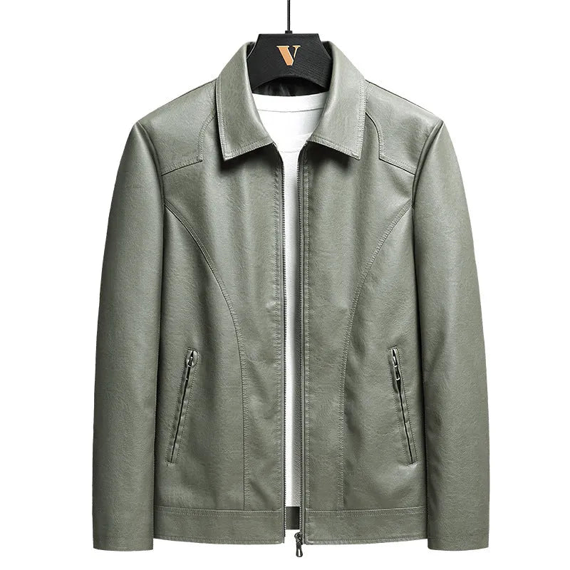 Men's loose fit PU leather cardigan jacket in black with zipper front and patch pocket
