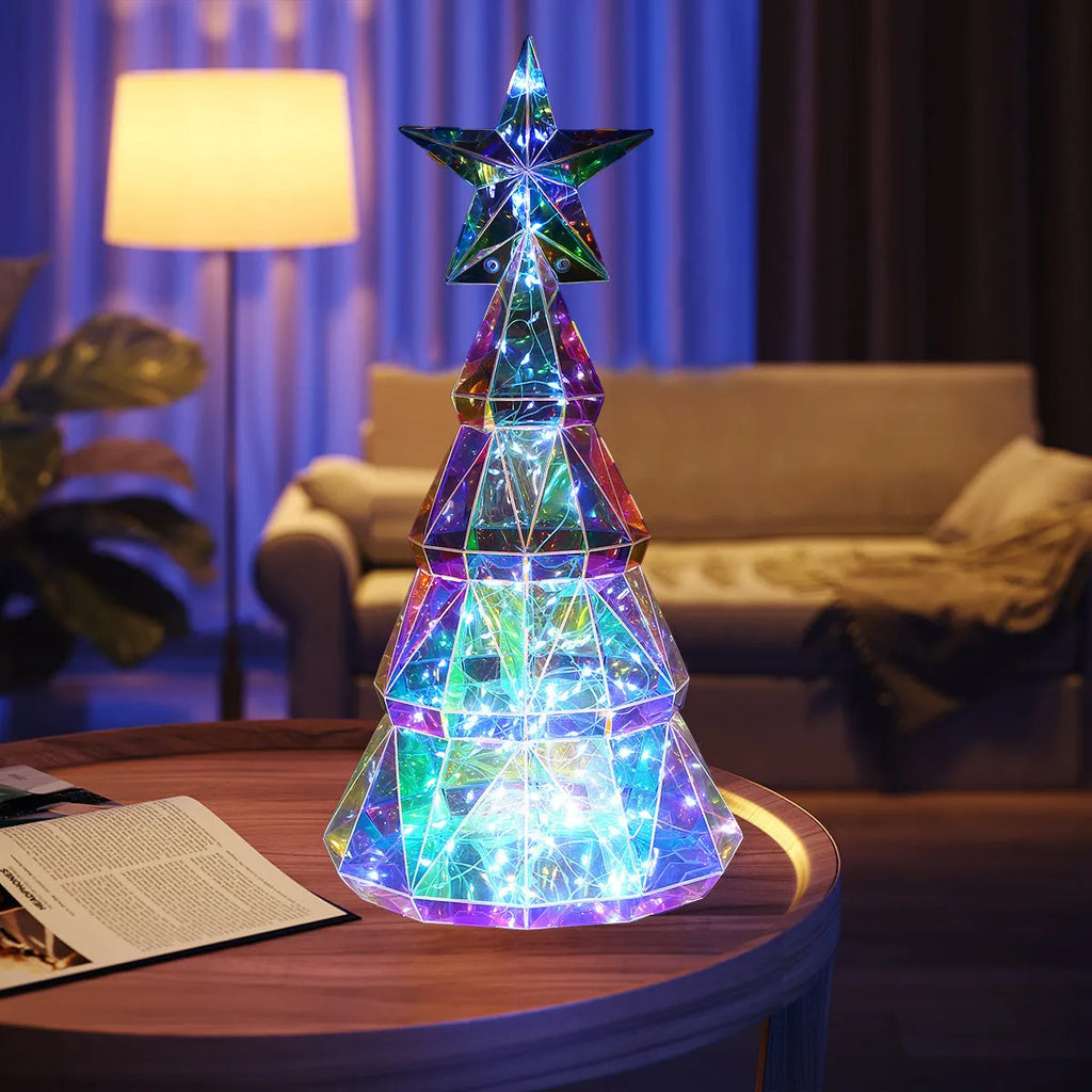 Colourful cartoon-style LED-lit Christmas tree decoration made from PET plastic