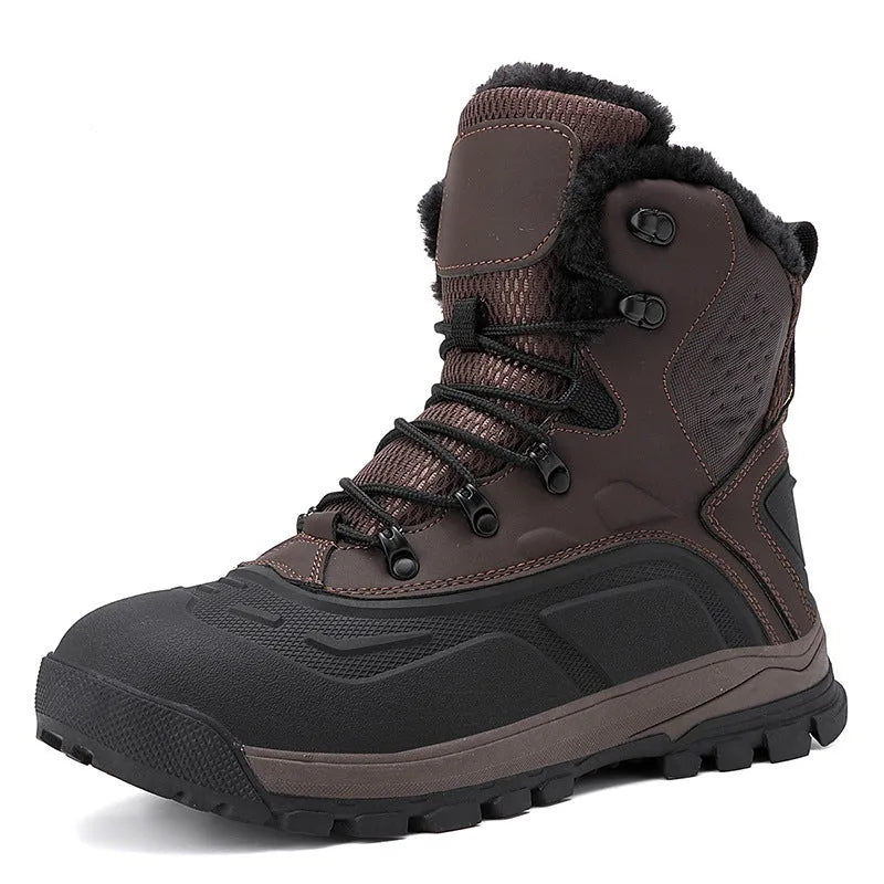 Men's black high-top winter boots with fleece lining and lace-up front, showing ribbed sole.