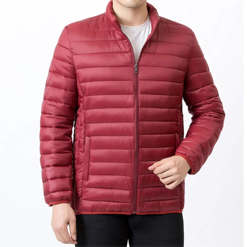 Men's stand collar winter coat in solid colour with zippered pockets, nylon fabric, 65cm length