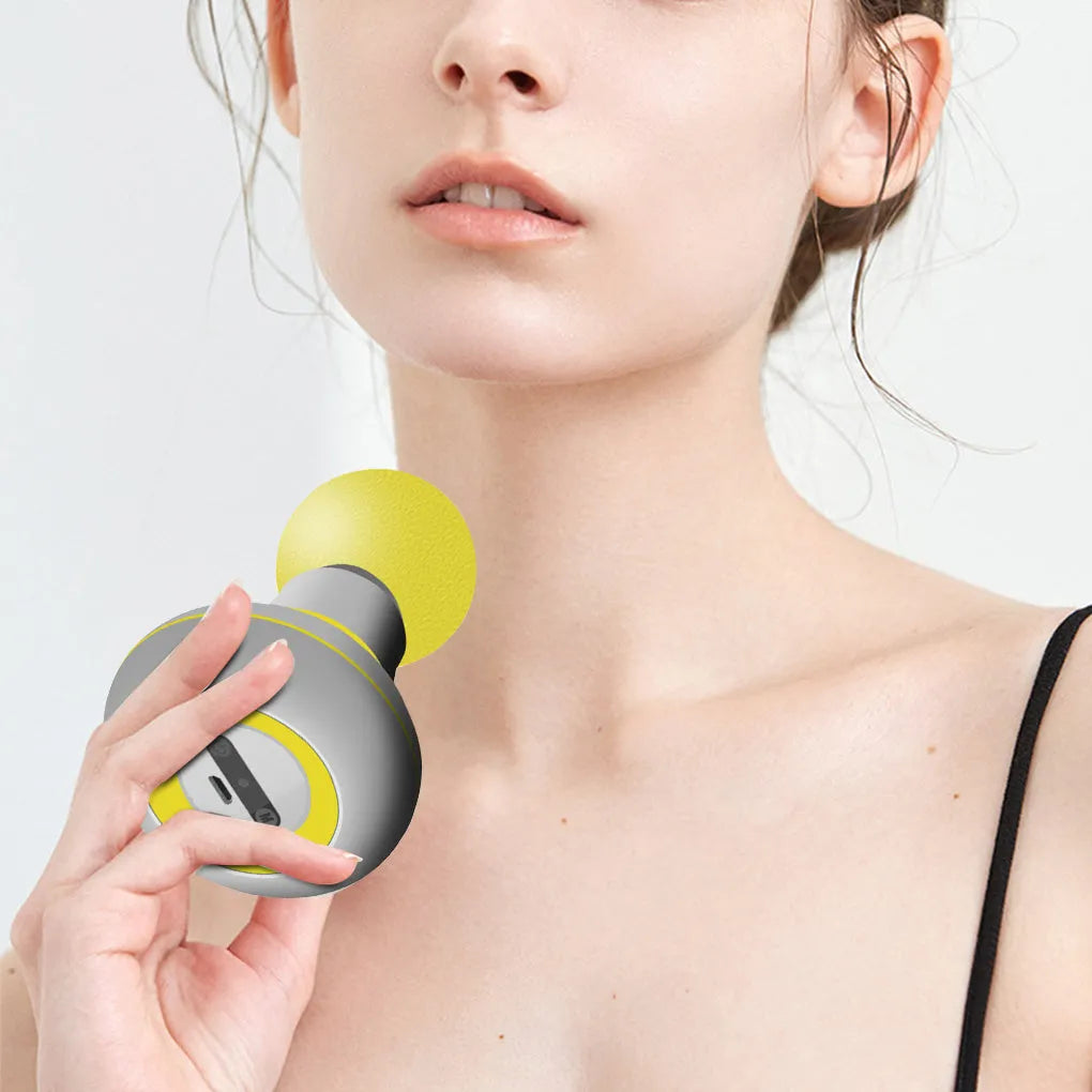 Mini pocket electric fascia massage gun in blue with cushioning head for deep muscle relief