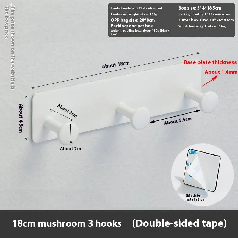 Screwless wall mounted clothes hook rack with mushroom head hooks in 3-hook configuration