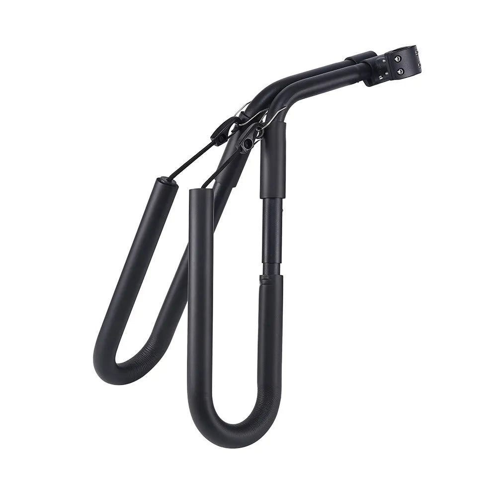 Black aluminium bicycle surfboard hanger bracket on a bike with surfboard attached