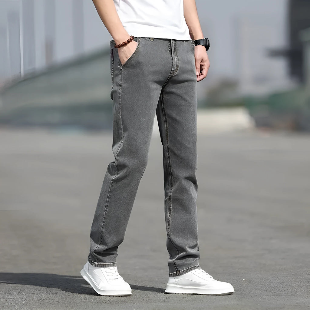 Men's smoky gray rabbit fur elastic jeans straight leg low waist design front view