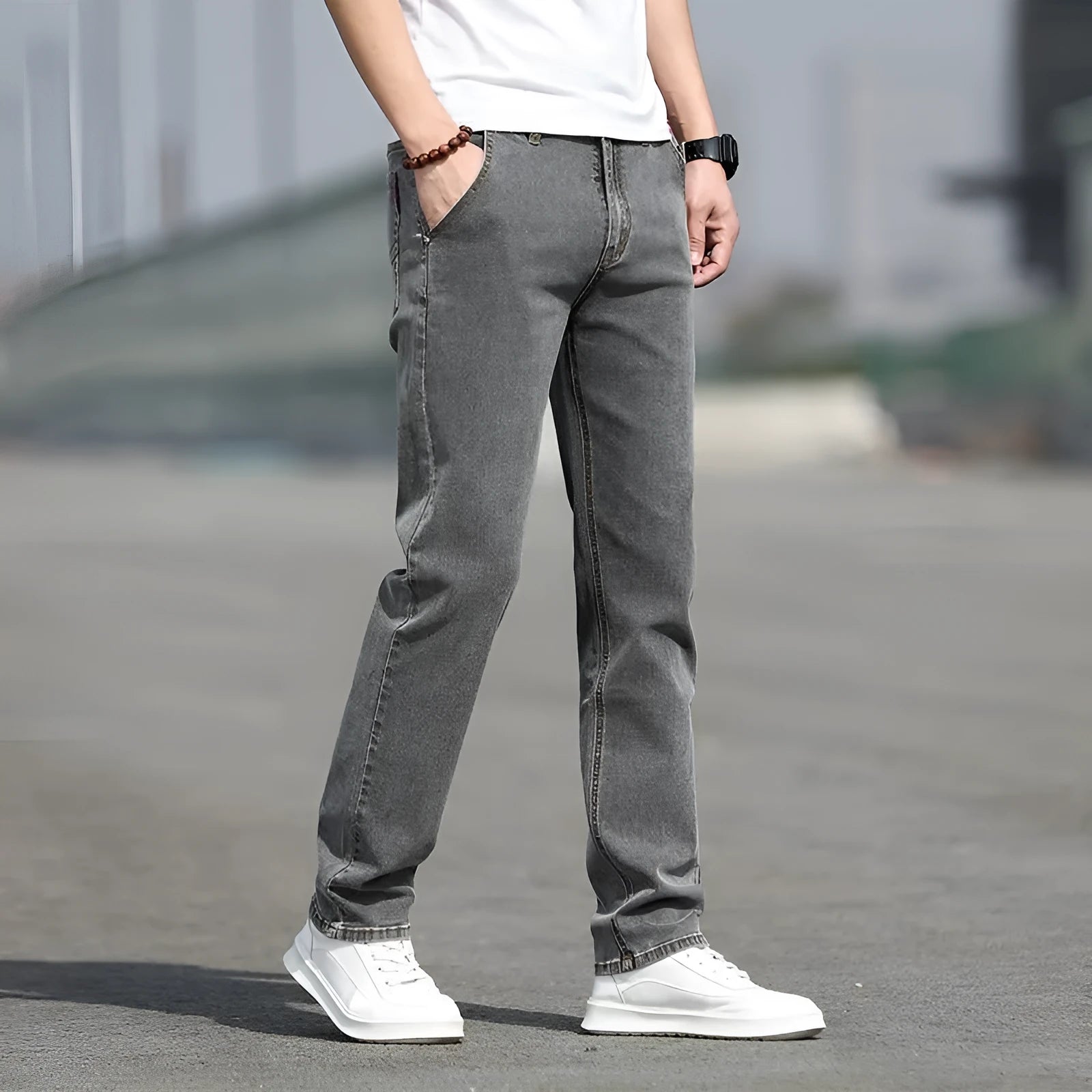 Men's smoky gray rabbit fur elastic jeans straight leg low waist design front view