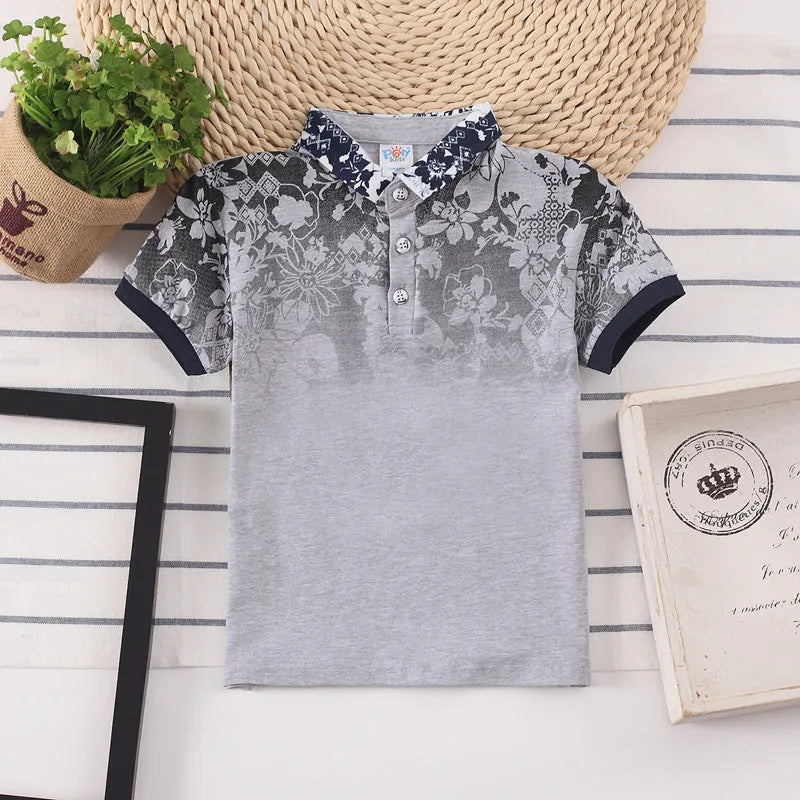 Boys' cotton polo shirt in navy colour with short sleeves and lapel collar