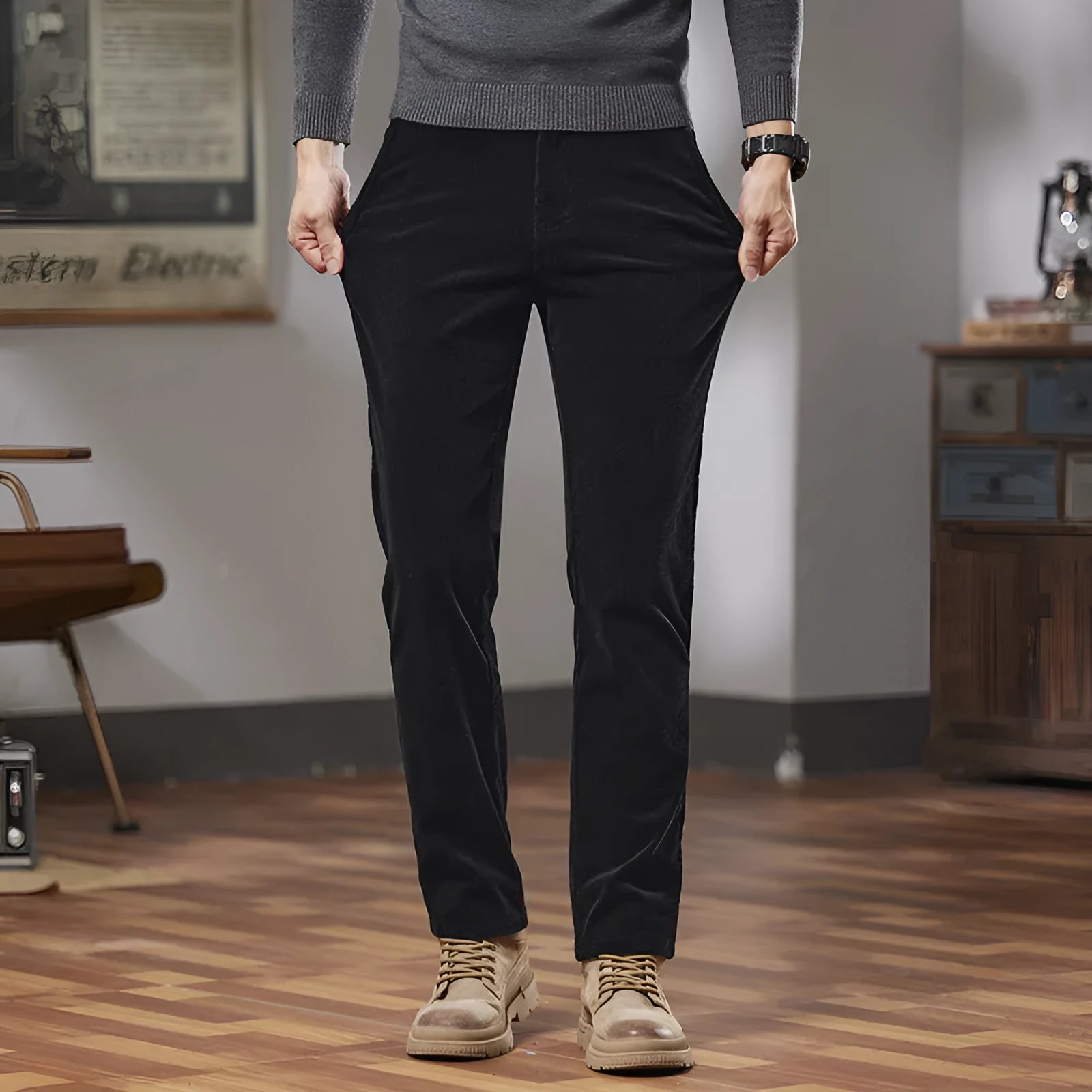 Slim fit straight corduroy trousers in dark gray, cotton fabric, mid waist with micro elasticity.