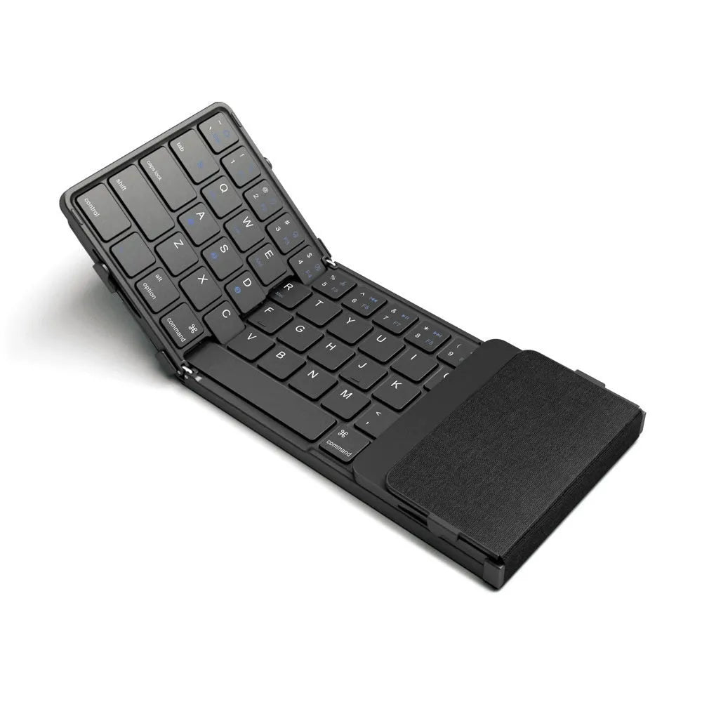 Black folding Bluetooth keyboard with touchpad option showing compact folded size