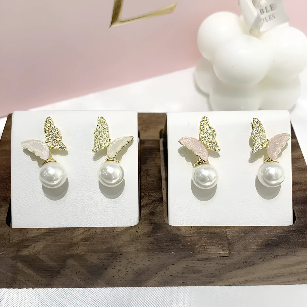 Pearl Zircon Bow Temperament Light Luxury Niche Earrings in pink colour, dangle style