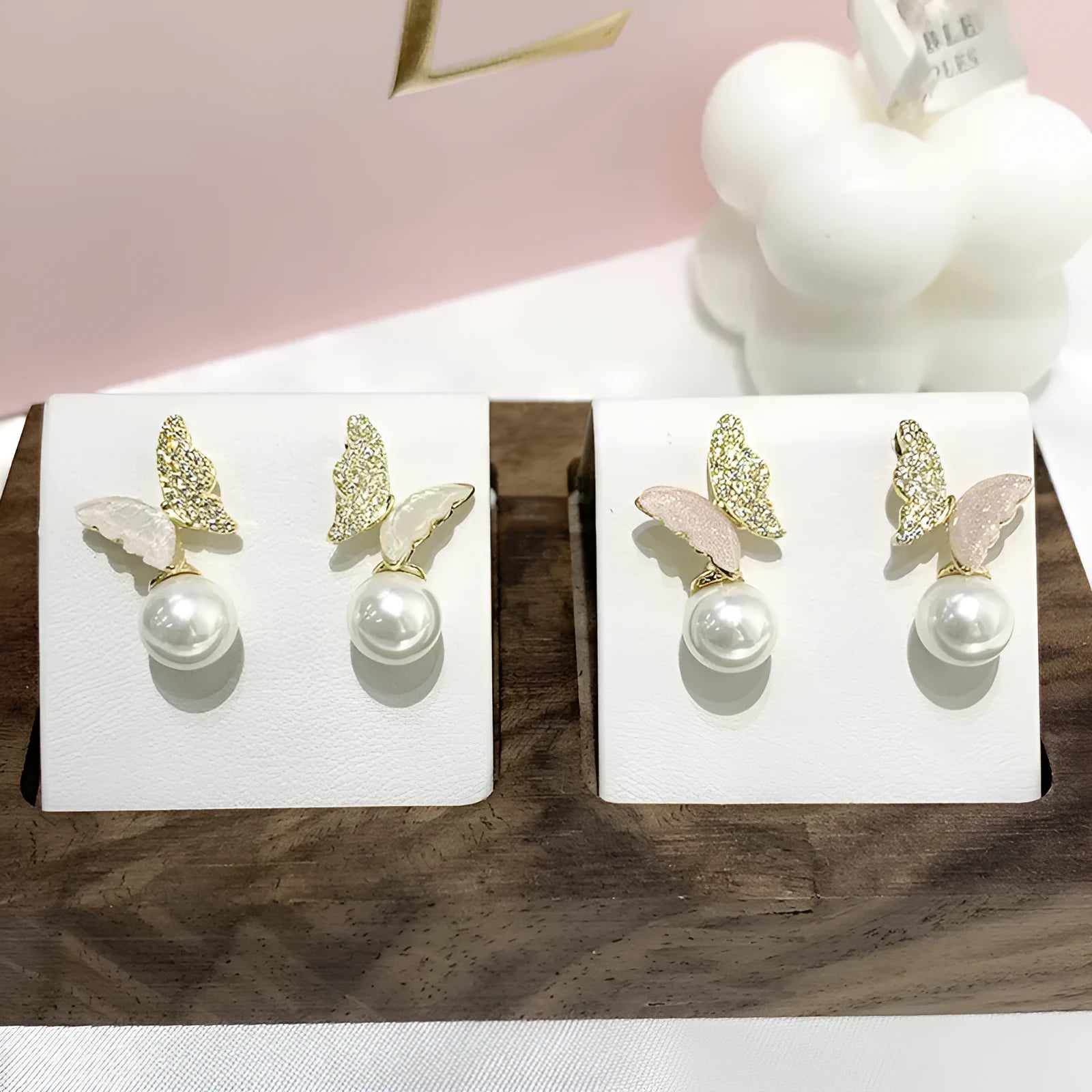 Pearl Zircon Bow Temperament Light Luxury Niche Earrings in pink colour, dangle style
