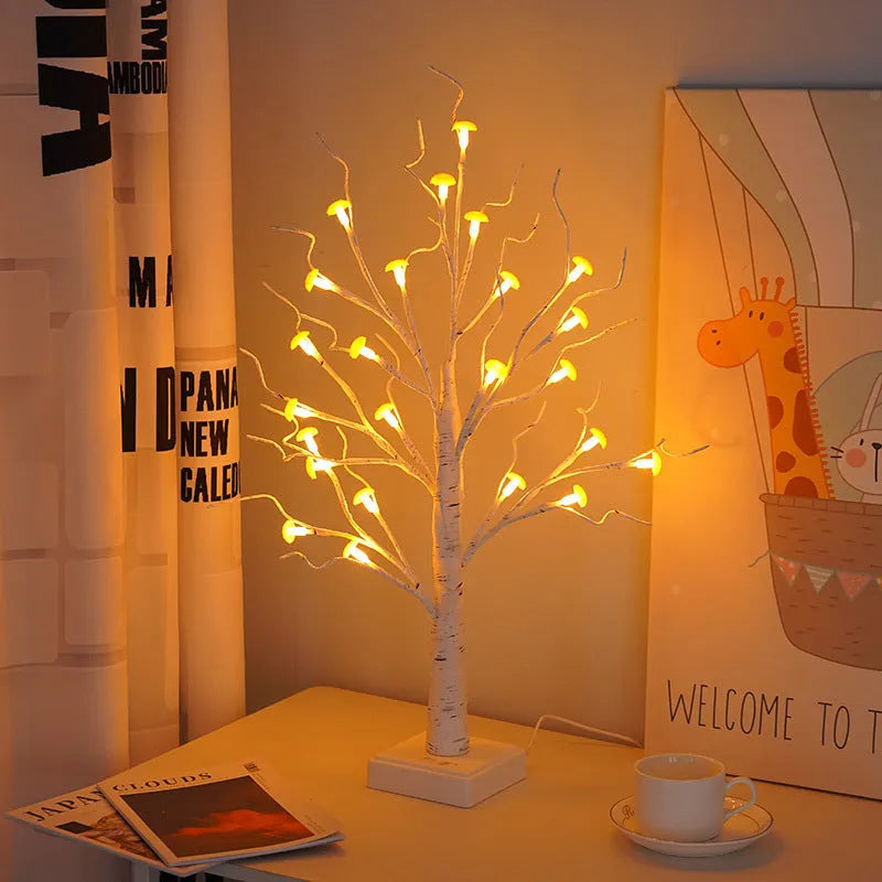 60cm tall white LED mushroom tree lamp with detachable flowers on a wooden surface