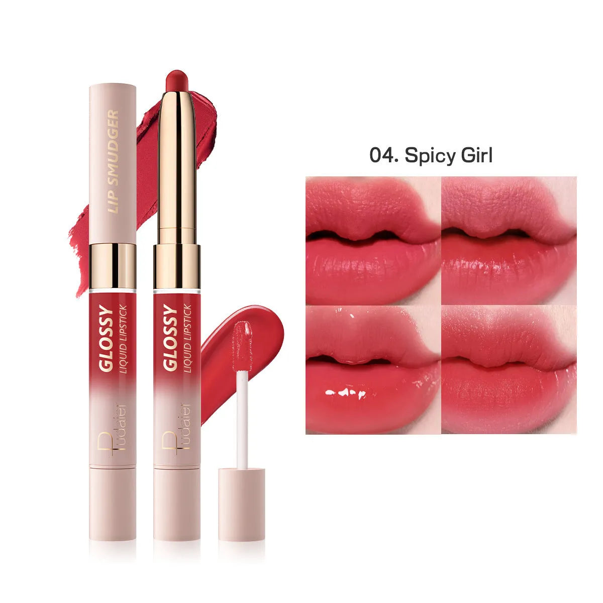 Double-headed lipstick and lip gloss cosmetic product showing matte and glossy ends