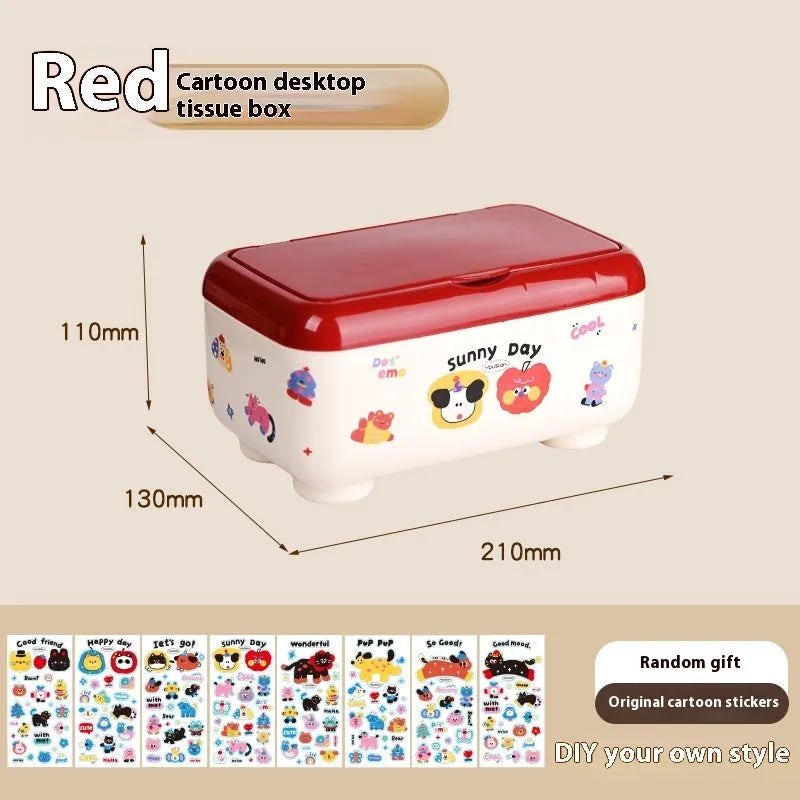 Cartoon-style red and brown plastic desktop storage organiser with 2L capacity and organisation stickers.
