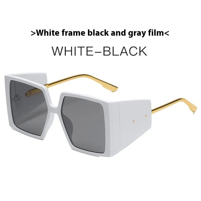 Large square frame sunglasses showing seven colour options including black, blue, champagne, orange, green, white and hawksbill