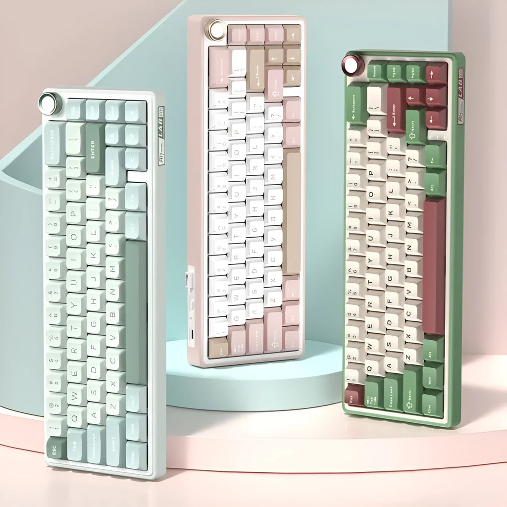 Wireless mechanical keyboard with RGB backlighting in a white colour option on a desk.