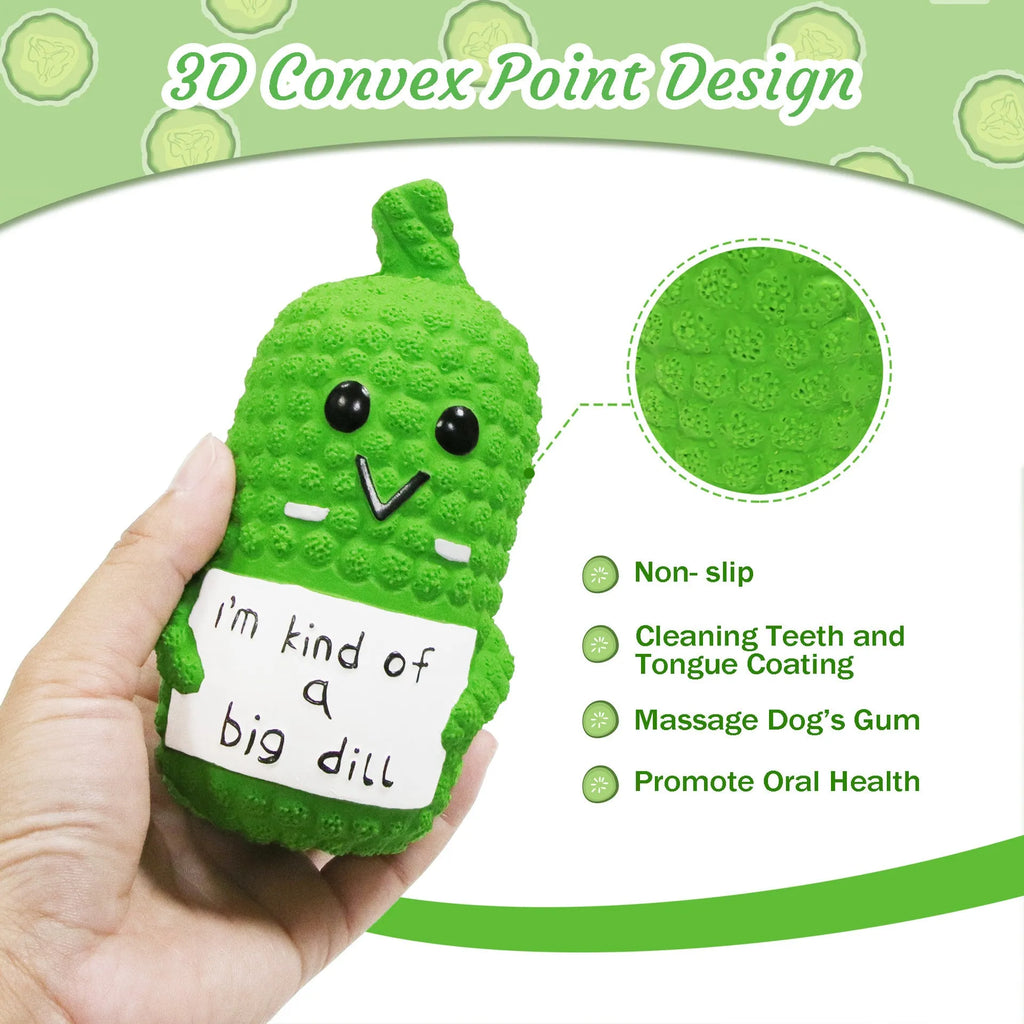 Green pickle-shaped squeaky dog chew toy with textured surface.