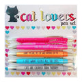 Set of five automatic push-action pens with cats or dogs designs in beaded storage bag