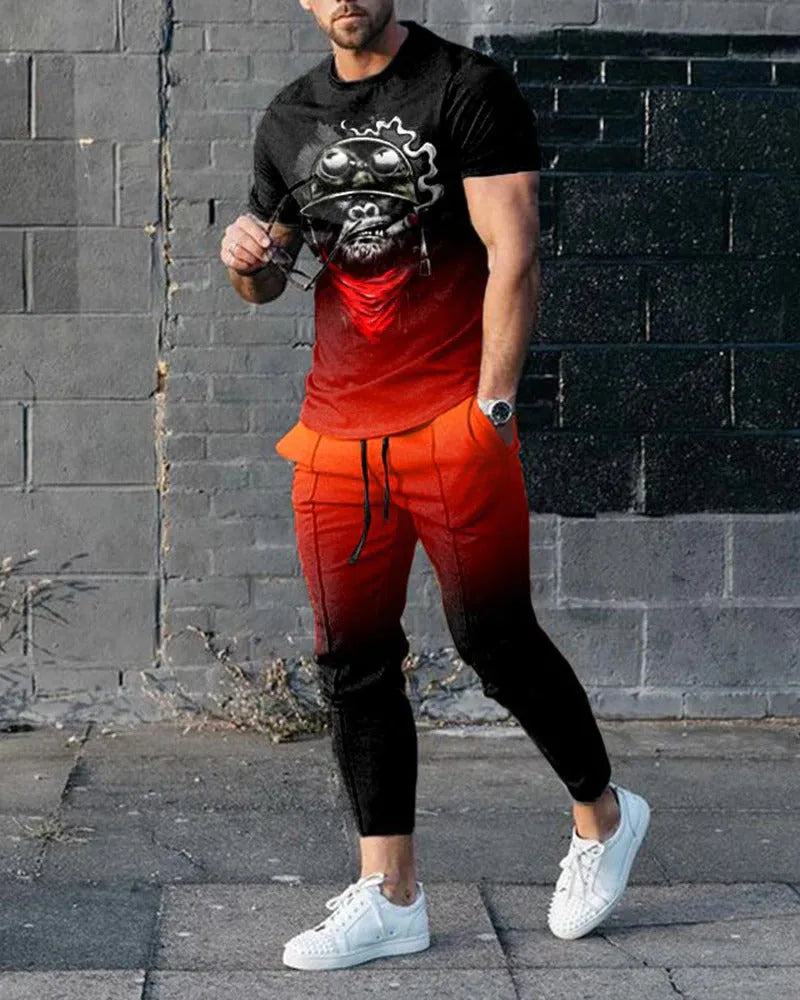 Man wearing a printed short-sleeve pullover and matching trousers from a thin polyester sports suit set.