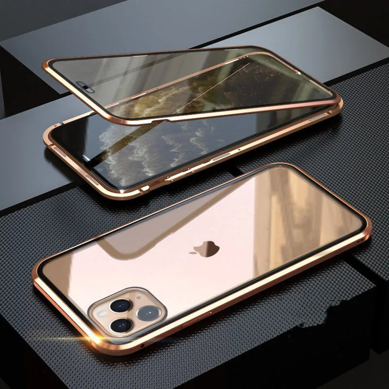 Glass clamshell anti-spy phone case in black, silver, red, gold, green, or blue for iPhone models.