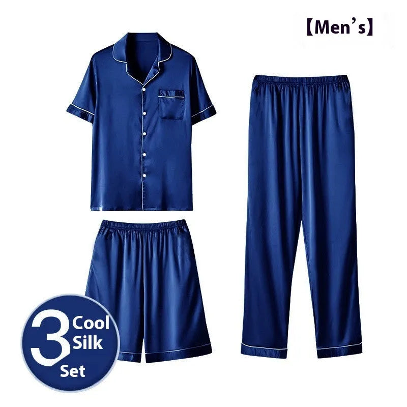 Men's ice silk three-piece homewear suit in a choice of colours including black, blue and champagne.