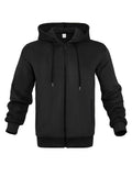 Men's fleece lined zippered hooded sweatshirt cardigan in military green on a model, front view, long sleeves, zip front